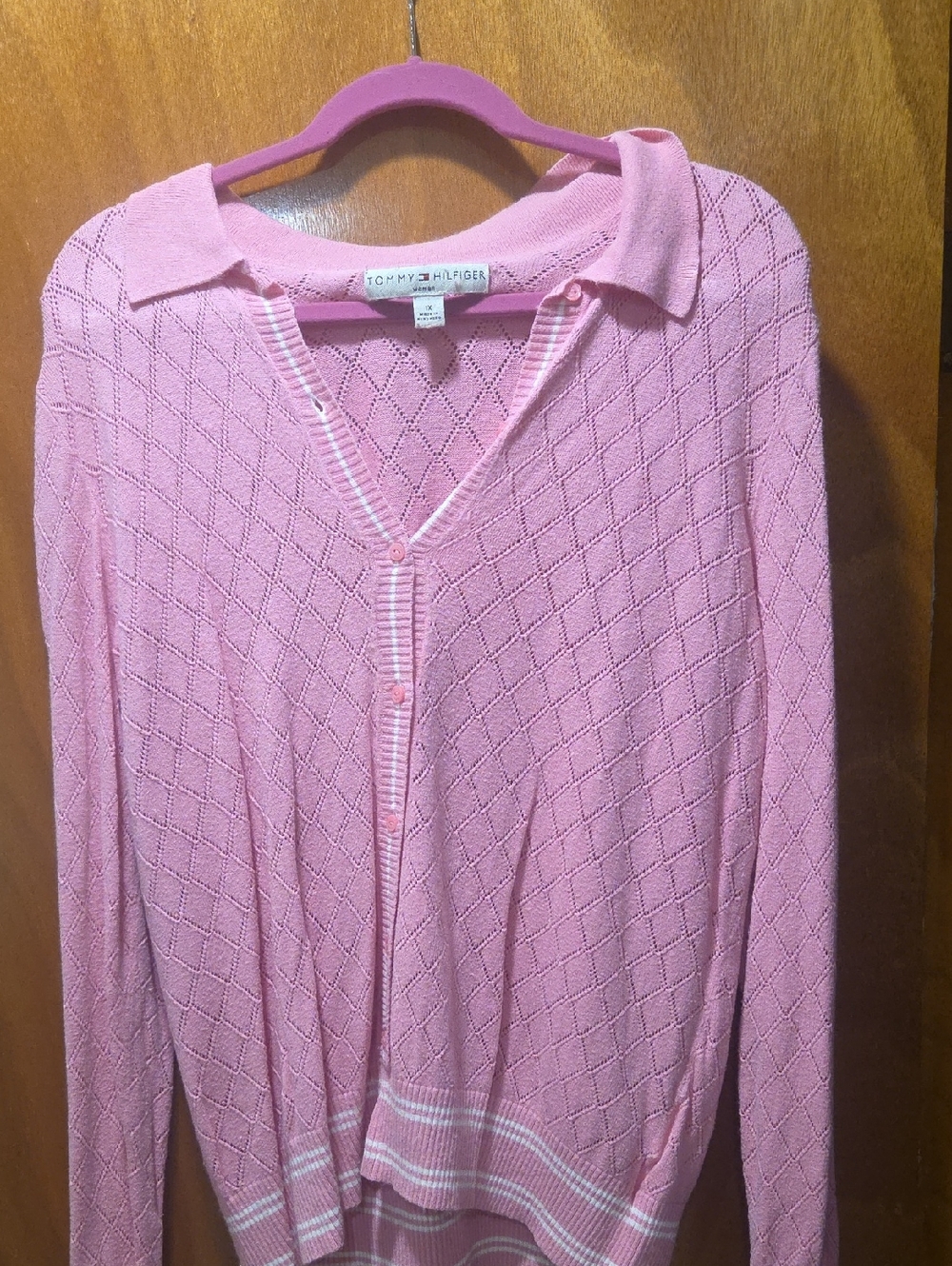 Tommy Hilfiger Pink Collared Diamond-Knit Cardigan